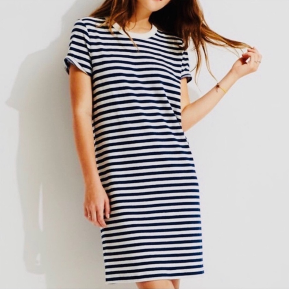 Lou & Grey Navy White Striped Short Sleeve linen blend T Shirt Dress size small - Picture 2 of 11